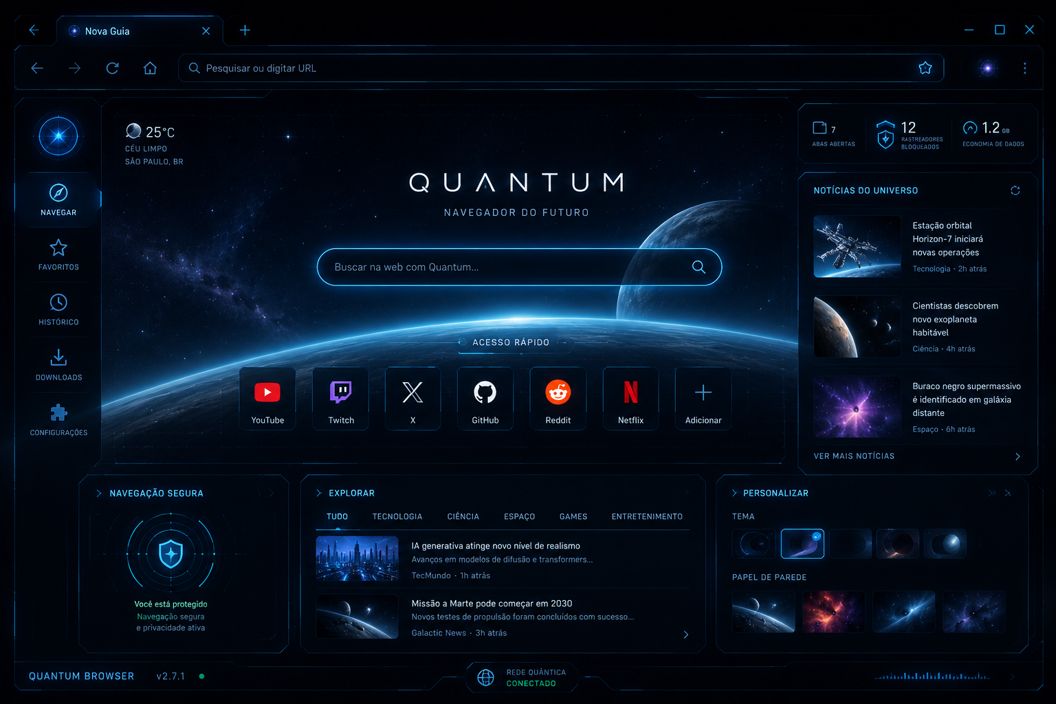 Um navegador irreal chamado Quantum, com aparência tecnológica com cores azuis e plano de fundo espacial, com design sci-fi ui